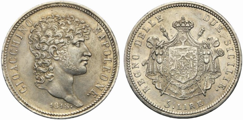 Napoli, Gioacchino Murat (1808-1815), 5 Lire, 1813; AR (g 24,95; mm 37; h  12); P/R 13; MIR 441/1. Rara, patina di collezione, minimi difetti al  rovescio. spl / q.spl.<br class="eng_sep">Napoli, Gioacchino Murat (