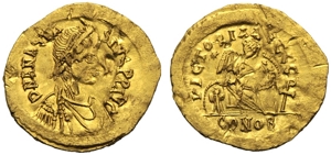 obverse: Anastasio I (491-518), Semisse, Costantinopoli, 498-518 d.C.  ; AV (g 2,16; mm 20; h 6); D N ANASTA - SIVS P P AVG, busto diademato, drappeggiato e corazzato a d., Rv. VICTORIA AVGGG, Vittoria seduta a d. su scudo e corazza, inscrive XXXX su scudo che tiene sulle ginocchia; nel campo a s. stella; a d., chi-rho; in ex. CONOB. DOC 9;  MIB 10; Sear 7.
q.bb.Anastasius I (491-518), Semis, Constantinople, AD 498-518; AV (g 2,16; mm 20; h 6); D N ANASTA - SIVS PP AVG, diademed, draped and cuirassed bust r., Rv. VICTORIA AVGGG, Victory seated r. on shield and cuirass, inscribing XXXX on shield set on knee; to l., star; at r., chi-rho; in ex., CONOB. DOC 9;  MIB 10; Sear 7.
About very fine.