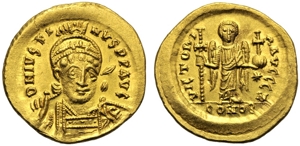 obverse: Giustino I (518-527), Solido, Costantinopoli, Officina Z, c. 519-527 d.C.; AV (g 4,46; mm 20; h 6); D N IVSTI - NVS PP AVG, busto di 3/4  elmato e diademato, con tunica, corazza e paludamentum, nella mano d. tiene lancia dietro la testa. Sulla spalla d. scudo decorato con cavaliere, Rv. VICTORI - AAVCCC Z, Angelo stante frontale, regge lunga croce e globo crucigero; a d., stella; in ex., CONOB. DOC 2g; Sear 56.
spl.Justin I (518-527), Solidus, Costantinople, Officina Z, c. AD 519-527; AV (g 4,46; mm 20; h 6); DN IVSTI-NVS PP AVC, helmeted and cuirassed bust facing, slightly r., holding spear over shoulder and shield, decorated with horseman, Rv. VICTORI - AAVCCC Z, Angel standing facing, holding long cross and cruciger globe; at r., star; in ex., CONOB. DOC 2g; Sear 56.
Extremely fine.