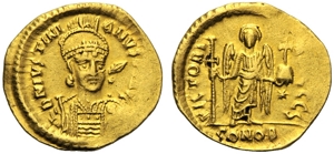 obverse: Giustiniano I (527-564), Solido, Constantinopoli, Officina S, c. 527-538 d.C.; AV (g 4,35; mm 21; h 6); D N IVSTINI - ANVS PP AVG, busto elmato e corazzato di 3/4, regge lancia e scudo, Rv. VICTORI - A AVGGG S, Angelo stante in posizione frontale, regge lunga croce e globo crucigero; a d., astro, in ex., CONOB. DOC 3f; Sear 137.
q.spl.Justinian I (527-565), Solidus, Constantinople, Officina S, AD 527-538; AV (g 4,35; mm 21; h 6); D N IVSTINI ANVS PP AVG, hemeted and cuirassed bust 3/4 face, holding spear and shield, Rv. VICTORI - A AVGGG S, Angel standing facing, holding long cross and globe cruciger; at r., star, in ex., CONOB. DOC 3f; Sear 137.
Abou extremely fine.