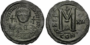 obverse: Giustiniano I (527-565), Follis, Costantinopoli, c. 538-539 d.C.; AE (g 21,32; mm 41; h 6); D N IVSTINI – ANVS P P AVG, busto frontale elmato e corazzato, indossa diadema di perle, regge globo crucigero e scudo, decorato con cavaliere, a d., croce, Rv. A/N/N/O - X/II, grande M; sopra, croce, sotto monogr. In ex. CON. DOC 37; Sear 163.
bb+.Justinian I (527-565), Follis, Constantinople, AD 538-539; AE (g 21,32; mm 41; h 6); D N IVSTINI – ANVS P P AVG, helmeted, pearl-diademed and cuirassed bust facing, holding globe cruciger and shield, decorated with horseman; at r., cross, Rv. A/N/N/O – X/II Large M; above, cross, below, monogr. In ex. CON. DOC 37; Sear 163.
Good very fine.