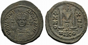 obverse: Giustiniano I (527-565), Folllis, Nicomedia, c. 543-544 d.C.; AE (g 20,75; mm 35; h 6); D N IVSTINI – ANVS P P AVG, busto elmato e corazzato, indossa diadema di perle, regge globo crucigero e scudo, decorato con cavaliere, a d., croce, Rv. A/N/N/O - Xy/II, grande M; sopra, croce, sotto B. In ex. NIKO. DOC 122b;Sear 201.
bb.Justinian I (527-565), Follis, Nicomedia, AD 543-544; AE (g 20,75; mm 35; h 6); D N IVSTINI – ANVS P P AVG, helmeted, pearl-diademed and cuirassed bust facing, holding globe cruciger and shield, decorated with horseman; at r., cross, Rv. A/N/N/O – Xy/II Large M; above, cross, below, B. In ex. NIKO. DOC 122b;Sear 201.
Very fine.