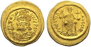 obverse: Giustino II (565-578), Solido, Costantinopoli, Officina E, 566 d.C.; AV (g 4,48; mm 20; h 6); D N I - VSTI - NVS PP AVI, busto elmato e corazzato frontale, regge globo sormontato da Nike con corona e scudo, decorato con cavaliere, Rv. VICTORI - A AVGGG ε, Costantinopoli seduta frontale con testa a d., regge globo crucigero e lancia; in ex., CONOB. DOC 1; Sear 344.
bb+.Justin II (565-578), Solidus, Constantinople, Officina E, AD 566; AV (g 4,48; mm 20; h 6); D N I - VSTI - NVS PP AV, helmeted and cuirassed bust facing, holding globe surmounted by Nike with wreath and shield, decorated with horseman, Rv. VICTORI - A AVGGG ε, Costantinople seated facing with head r., holding globe cruciger and spear; in ex., CONOB. DOC 1; Sear 344.
Good very fine.