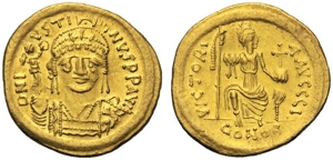 obverse: Giustino II (565-578), Solido, Costantinopoli, Officina I, c. 567-568 d.C.; AV (g 4,46; mm 20; h 6); DNI - IVSTI - NVS PP AVG, busto frontale elmato, diademato con pendilia e corazzato,regge Vittoria, con corona, e scudo, decorato con cavaliere, Rv. VICTORI - A AVGGG I, Costantinopoli seduta in trono, regge globo crucigero e scettro; in ex., CONOB. DOC 7; Sear 348.
bb+.Justin II (565-578), Solidus, Constantinople, Officina I, AD 567-568; AV (g 4,46; mm 20; h 6); DNI - IVSTI - NVS PP AVG, helmeted, cuirassed bust facing, wearing diadem with pendilia, holding Victory, with wreath, and shield, decorated with horseman, Rv. VICTORI - A AVGGG I, Costantinople enthroned, holding globe cruciger and sceptre;  in ex., CONOB. DOC 7; Sear 348.
Good very fine.