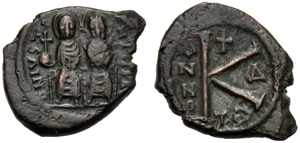 obverse: Giustino II (565-578), Mezzo follis, Costantinopoli, c. 569-578 d.C.; AE (g 6,00; mm 24; h 6); D N IVSTI - NVS PP AV, Giustino e Sofia, frontale, seduti in trono, Rv. Grande K; sopra, croce; a s., A / N / N / O; a d., Δ; sotto, Tε. cfr. DOC 65; Sear 366.
bb+.Justin II (565-578), Half Follis, Constantinople, c. AD 569-578 ; AE (g 6,00; mm 24; h 6); D N IVSTI - NVS PP AV, Justin and Sophia facing, enthroned, Rv. Large K; above, cross; at l., A / N / N / O; at r., Δ; below, Tε. cfr. DOC 65; Sear 366.
Good very fine.