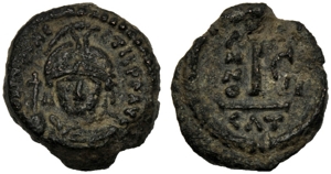 obverse: Maurizio TIberio (582-602), Decanummo, Catania, c. 594-595 d.C.; AE (g 3,36; mm 15; h 6); Busto elmato frontale, regge globo crucigero, Rv. Grande I, A/N/N/O ς; in ex., CAT. Anastasi 12; Sear 581.
bb+.Maurice Tiberius (582-602), Decanummus, Catania, c. AD 594-595; AE (g 3,36; mm 15; h 6); Helmeted bust facing, holding globe cruciger, Rv. Large I, A/N/N/O ς; in ex., CAT. Anastasi 12; Sear 581.
Good very fine.