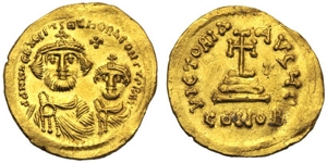 obverse: Eraclio con Costantino (610-641), Solido, Costantinopoli, Officina E, c. 616-625 d.C.; AV (g 4,46; mm 21; h 7); ddNN hERACLIuS ET hERA CONST PP AVG, busto coronato e barbato frontale di Eraclio, indossa clamide; a d., busto giovanile coronato di Costantino, indossa clamide, sopra, croce, Rv. VICTORIA AVCy E, croce potente su tre gradini; a d., I. DOC 14.; Sear 739.
spl.
Heraclius with Costantinus (610-641), Solidus,Constantinople, Officina E, AD 616-625; AV (g 4,46; mm 21; h 7); ddNN hERACLIuS ET hERA CONST PP AVG, crowned, bearded bust of Heraclius facing, wearing chlamys; at r., youth bust Constantinus facing, wearing chlamys; above, cross, Rv. VICTORIA AVCy E, cross potent on three steps; at r., I DOC 13 var.; Sear 739.
Etremely fine.
