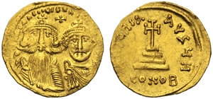obverse: Eraclio con Eraclio Costantino (610-641), Solido, Costantinopoli, Officina H, c. 629-631 d.C.; AV (g 4,36; mm 20; h 6); ddNNHERACLIyS ET hERACONSPPAVG, busti barbati di Eraclio ed Eraclio Costantino bambino di fronte, entrambi indossano clamide e corona con croce; sopra, croce, Rv. VICTORIA - AVgyH, croce potenziata su tre gradini; in ex. CONOB. DOC 26h; Sear 749.
bb+.Heraclius with Heraclius Constantine (610-641), Solidus, Costantinople, Officina H, c. AD 629-631; AV (g 4,36; mm 20; h 6); ddNNHERACLIyS ET hERACONSPPAVG, bearded busts of Heraclius and Heraclius Constantine facing, wearing chlamys and crown with cross; above, cross, Rv. VICTORIA - AVgyH, Cross potent on base and three steps; in ex. CONOB. DO 26h; Sear 749.
Good very fine.
