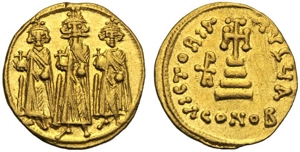 obverse: Eraclio con Eraclio Costantino e Eraclonas (610-641), Solido, Costantinopoli, Officina A, c. 639-641 d.C. ; AR (g 4,44; mm 19; h 6); Senza legenda. Le figure stanti coronate di Eraclio, Costantino ed Eracliona. Tutte indossano clamide e reggono globo cricigero; sopra, croce, Rv. VICTORIA AVgy A, croce potenziata su tre gradini; a s., monogr., sotto, CONOB. DOC 43 var.-; Sear 769.
bb+.Heraclius with Heraclius Constantine and Heraclonas (610-641), Solidus, Costantinople, Officina A, AD 639-641 ; AR (g 4,44; mm 19; h 6); No legend. Standing crowned figures of Heraclius, Costantine and Heracleonas, wearing chlamys and holding globe cruciger; above, cross Rv. VICTORIA AVgy A, cross potent on three steps; at l., monogr., below, CONOB. DOC 43 var.; Sear 769.
Good very fine.
