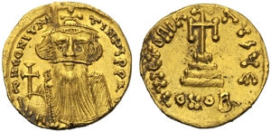 obverse: Costante II (641-668), Solido, Constantinopoli, Officina ε, c. 651-654 d.C.; AV (g 4,41; mm 19; h 7); dN CONSTAN - TINyS PP AV, busto coronato frontale, con barba e baffi, indossa clamide e regge globo crucigero, Rv. VICTORIA AVgy ε, croce potente su tre gradini; in ex. CONOB. DOC 19e; Sear 956.
q.spl.Constans II (641-668), Solidus, Constantinople, Officina ε, c. AD 651-654; AV (g 4,41; mm 19; h 7); dN CONSTAN - TINyS PP AV, crowned bust with beard, facing; wearing chlamys and holding globe cruciger, Rv. VICTORIA AVgy ε, cross potent on three steps; in ex., CONOB. DOC 19e; Sear 956.
About extremely fine.