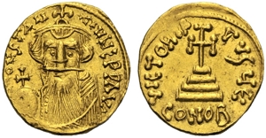 obverse: Costante II (641-668), Solido, Constantinopoli, Officina ε, c. 651-654 d.C.; AV (g 4,27; mm 20; h 6); dN CONSTAN - TINyS PP AV, busto coronato frontale, con barba e baffi, indossa clamide e regge globo crucigero, Rv. VICTORIA AVgy ε, croce potente su tre gradini; in ex. CONOB. DOC 19e; Sear 956.
q.spl.Constans II (641-668), Solidus, Constantinople, Officina ε, c. AD 651-654;; AV (g 4,27; mm 20; h 6); dN CONSTAN - TINyS PP AV, crowned bust with beard, facing; wearing chlamys and holding globe cruciger, Rv. VICTORIA AVgy ε, cross potent on three steps; in ex., CONOB. DOC 19e; Sear 956.
About extremely fine.
