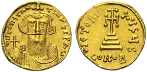 obverse: Costante II (641-668), Solido, Costantinopoli, Officina S, c. 651-654 d.C.; AV (g g 4,23; mm 18; h 6); dN COSTANT-TINhS PP AV busto frontale coronato di Costante con lunga barba e baffi, indossa clamide e regge globo crucigero, Rv. VICTORIA-AVgy S croce potenziata su tre gradini; sotto, CONOB. DOC 19f; Sear 956
spl.Constans II (641-668), Solidus,Costantinople, AD 651-654; AV (g g 4,23; mm 18; h 6); dN COSTANT-TINHS PP AV, crowned bust of Constans with long beard and moustache facing, wearing chlamys and holding globe cruciger, Rv. VICTORIA-AVgy S, cross potent on three steps; below, CONOB. DOC 19f; Sear 956
Extremely fine.
