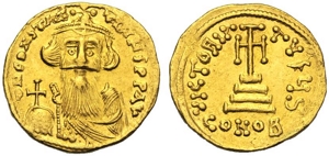 obverse: Costante II (641-668), Solido, Constantinopoli, Officina S, c. 651-654 d.C. ; AV (g 4,40; mm 19; h 6); D N CONSTANTINyS PP AV, busto frontale con lunga barba e baffi, indossa corona e clamide, regge globo crucigero, Rv. VICTORIA AVGyS, croce potenziata su tre gradini, in ex., CONOB. DOC 19f; Sear 936.
spl.Constans II (641-668), Solidus, Constantinople, Officina S, AD 651-654; AV (g 4,40; mm 19; h 6); D N CONSTANTINyS PP AV, facing bust, with long beard and moustache, wearing crown and chlamys, holding globe cruciger, Rv. VICTORIA AVGyS, cross potent on three steps, in ex., CONOB. DOC 19f; Sear 936.
Extremely fine.