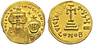 obverse: Costante II con Costantino IV (641-668), Solido, Costantinopoli, Officina B, c. 654-659 d.C.; AV (g 4,36; mm 20; h 6); d N CONSTANTINyS C CONSTA, busto coronato frontale di Costante, con barba, e busto coronato frontale di Costantino, senza barba; sopra, croce, Rv. VICTORIA AVgy B, croce potenziata su tre gradini; sotto, CONOB. DOC 25b; Sear 959.
spl.Constans II con Constantine IV (641-668), Solidus, Constantinople, Officina B, c. AD 654-659 ; AV (g 4,36; mm 20; h 6); d N CONSTANTINyS C CONSTA, crowned bust of Constans facing, bearded, and crowned bust facing of Constantinus, beardless; above, cross, Rv. VICTORIA AVgy B, cross potent on three steps; below, CONOB. DOC 25b; Sear 959.
Extremely fine.