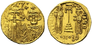 obverse: Costante II con Costantino, Eraclio e Tiberio (641-668), Solido, Costantinopoli, Officina Θ, c. 661-663 d.C.; AV (g 4,45; mm 20; h 6); (Legenda frammentaria) dN CONST AN, busti coronati frontali di Costante II, con barba, e Costantino IV, senza barba, indossano clamide; sopra, croce, Rv. VICTORIA AVGyΘ, croce potenziata tra le figure coronate di Eraclio e Tiberio, indossano clamide e reggono globo crucigero; sotto, CONOBΘ. DOC 36b; Sear 969
q.spl.Constans II with Constantinus IV, Heraclius and Tiberius (641-668), Solidus, Constantinople, Officina Θ, AD 661-663; AV (g 4,45; mm 20; h 6); (Fragmentary legend) dN CONST AN, crowned busts facing of Constans II, bearded, and Constantinus IV, beardless, both wearing chalmys; above, star, Rv. VICTORIA AVGyΘ, cross potent between crowned standing figures of Heraclius and Tiberius, both wearing chlamys and holding globe cruciger; below, CONOBΘ. DOC 36b; Sear 969
About extremely fine.