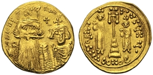 obverse: Costante II con Costantino IV, Eraclio e Tiberio (641-668), Solido, Costantinopoli, c. 661-663 d.C.; AV (g 4,22; mm 20; h 6); (Legenda frammentaria) dN CONST AN, busti coronati frontali di Costante II, con barba, e Costantino IV, senza barba, indossano clamide; sopra, croce, Rv. VICTORIA AVGyY °, croce potenziata tra le figure coronate di Eraclio e Tiberio, indossano clamide e reggono globo crucigero; sotto, CONOB. DOC 30 var.; Sear 964.
bb+.Constans II with Constantinus IV, Heraclius and Tiberius (641-668), Solidus, Constantinople, c. AD 661-663; AV (g 4,22; mm 20; h 6); Fragmentary legend. dN CONST AN, facing busts of Constans II, bearded, and Constantinus IV of smaller size, beardless. Constants wearing plume behind crown; Constantinus crowned. Both wearing chlamys, cross above. Rv. VICTORI A AVgy Y °, cross potent on three steps between crowned standing figures of Heraclius on l. and Tiberius, smaller, on r. Both wearing chlamys and holding globe cruciger in r. hand. In ex. CONOB. DOC 30 var.; S. 964.
Good very fine.
