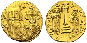 obverse: Costante II con Costantino IV, Eraclio e Tiberio (641-668), Solido, Costantinopoli, c. 661-663 d.C.; AV (g 4,40; mm 19; h 6); (Legenda frammentaria) dN [–] AN, busti coronati frontali di Costante II, con barba, e Costantino IV, senza barba, indossano clamide; sopra, croce, Rv. VICTORIA A VGy Δ, croce potenziata tra le figure coronate di Eraclio e Tiberio, indossano clamide e reggono globo crucigero; sotto, CONOB. DOC 30d; Sear 964.
bb+.
q.spl.Constans II with Constantinus IV, Heraclius and Tiberius (641-668), Solidus, Constantinople, c. AD 661-663; AV (g 4,40; mm 19; h 6); Fragmentary legend. dN [-] AN, facing busts of Constans II, bearded, and Constantinus IV of smaller size, wearing chlamys, cross above. Rv. VICTORIA A Vgy Δ, cross potent on three steps between crowned standing figures of Heraclius on l. and Tiberius, smaller, on r. Both wearing chlamys and holding globe cruciger in r. hand. In ex. CONOB. DOC 30d; Sear 964.
Good very fine.
About extremely fine.