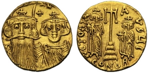 obverse: Costante II con Costantino IV, Eraclio e Tiberio (641-668), Solido, Costantinopoli, c. 661-663 d.C.; AV (g 3,99; mm 16; h 6); (Legenda frammentaria) dN CONST AN, busti coronati frontali di Costante II, con barba, e Costantino IV, senza barba, indossano clamide; sopra, astro, Rv. VICTORIA AVGyI, croce potenziata tra le figure coronate di Eraclio e Tiberio, indossano clamide e reggono globo crucigero; sotto, CONOB. DOC 30i; Sear 964.
spl.Constans II with Constantinus IV, Heraclius and Tiberius (641-668), Solidus, Constantinople, AD 661-663; AV (g 3,99; mm 16; h 6); (Fragmentary legend) dN CONST AN, crowned busts facing of Constans II, bearded, and Constantinus IV, beardless, both wearing chalmys; above, star, Rv. VICTORIA AVGyI, cross potent between crowned standing figures of Heraclius and Tiberius, both wearing chlamys and holding globe cruciger; below, CONOB. DOC 30i; Sear 964.
Extremely fine.