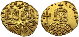 obverse: Costantino V con Leone IV (741-775), Solido, Siracusa, c. 751-775 d.C.; AV (g 3,91; mm 20; h 6); (Legenda frammentaria), busti coronati frontali di Costantino V, con corta barba, e Leone IV, indossano clamide; sopra, croce, Rv. [..] EON PA M [..], busto frontale coronato di Leone III, indossa loros e regge una lunga croce. DOC 15c; Sear 1565.
q.spl.Constantinus V with Leo IV (741-775), Solidus, Syracuse, c. AD 751-775; AV (g 3,91; mm 20; h 6); Constantinus V with Leo IV (741-775), Solidus, Syracuse, AD 751-775; AV (g 3,73; mm 18; h 5); (Fragmentary legend), facing crowned busts of Constantinus V, with short beard, and Leo IV, wearing chlamys; above, cross, Rv.  [..] EON PA M [..], facing crowned bust of Leo III, wearing loros and holding long cross. DOC 15c; Sear 1565.
Rare, extremely fine.
About extremely fine.