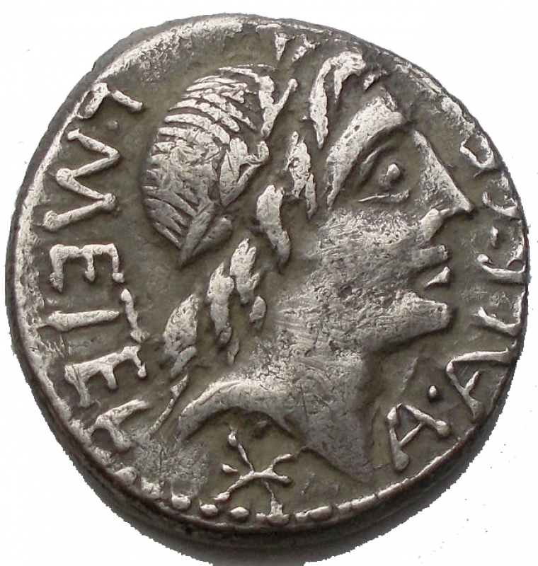 obverse: Repubblica Romana - L. Caecilius Metellus, C. Poblicius Malleolus and A. Postumius Sp.f. Albinus, Denarius,Rome, 96 BC (?), AR (g 3,7. mm 18,08 x 19,05), Laureate head of Apollo r. before, A ALB S F behind, L METEL below, star, Rv. Roma seated l., on pile of shields, holding sword and spear, crowned from behind by Victory on l., C MALL in ex. ROMA. Crawford 335/1b Caecilia 45, Poblicia 2, Postumia 2 Sydenham 611. Good Very Fine. Toned