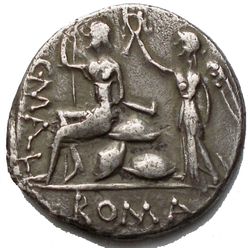 reverse: Repubblica Romana - L. Caecilius Metellus, C. Poblicius Malleolus and A. Postumius Sp.f. Albinus, Denarius,Rome, 96 BC (?), AR (g 3,7. mm 18,08 x 19,05), Laureate head of Apollo r. before, A ALB S F behind, L METEL below, star, Rv. Roma seated l., on pile of shields, holding sword and spear, crowned from behind by Victory on l., C MALL in ex. ROMA. Crawford 335/1b Caecilia 45, Poblicia 2, Postumia 2 Sydenham 611. Good Very Fine. Toned