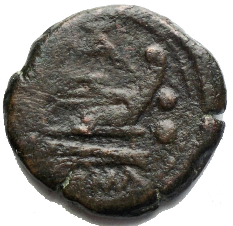 reverse: Repubblica Romana -MatienusSextans Ae ca 179-170 aC. g 4,78. d/ Bust of Mercury r. above two pellets. r/ Prow r. above MAT ligate,before two pellets and below ROMA. Babelon Matiena 8. Sydenham 321e. Crawford 162/7a. aVF. Very rare.