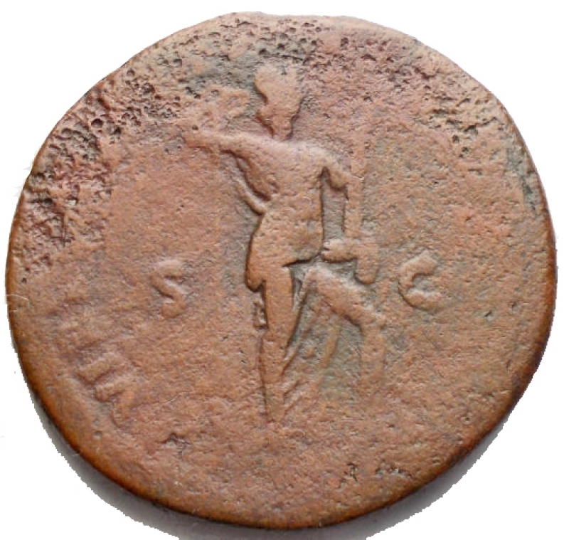 reverse: Impero Romano - Domiziano. 81-96 d.C.Asse. r/ VIRTVTI AVGVSTI Virtus stante versodestra. Peso11,36 gr. Diametro 28,28 mm. qBB/Mb+. Patina marrone rossa