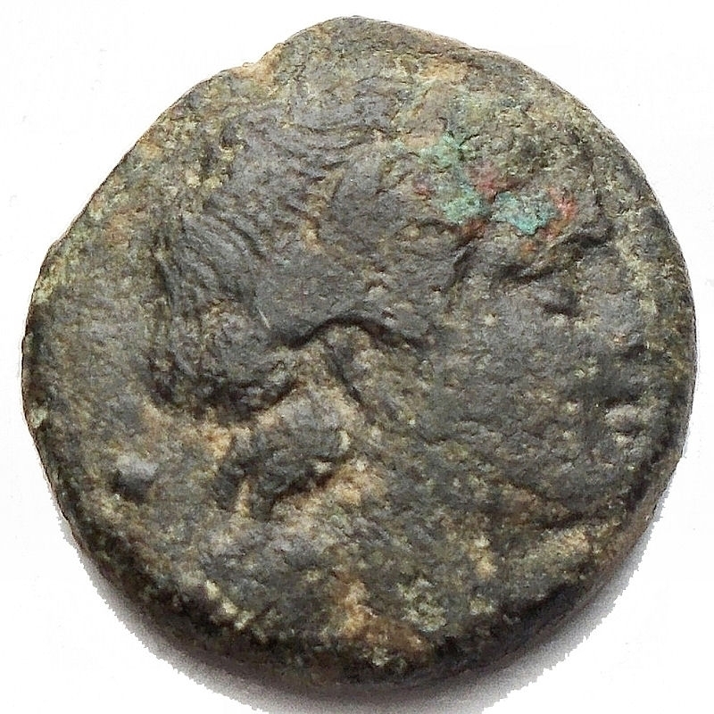 reverse: Mondo Greco - Bruttium. Rhegion. AE. ca. 260-215 BC. 3.11 g. 15.11 mm. d / Graduated head of Apollo on the right. r / PHINN Lion advancing to the right. HNItaly 2545; SNG Copenhagen -; SNG ANS 727-728. VF. Green patina. Rare