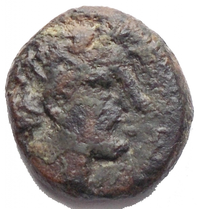 reverse: Mondo Greco -Bruttium, Rhegium.AE 11,7 mm. 350-270 a.C.D/ Testa di leone di fronte.R/ Testa laureata di Apollo a destra.SNG ANS 699.g 1,84.qBB.
