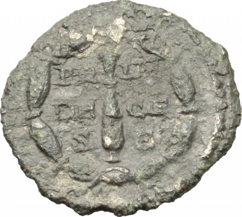 obverse: Impero Romano - Septimius Severus (193-211).AE  Denarius  (foure?), 203 AD?.Obv. SEVERVS PIVS AVG. Laureate head of Septimius Severus right.Rev. PR-IM/DE-CE/S-C. Club. All in wreath.RIC -. C. -.AE.g. 1.75mm. 17.50RRR.F.Apparently unpublished. Cf. for reverse type, Caracalla C. 501 and RIC IV, p.279, n. ( C. 501 quotes from Mionnet a mysterious P.B. ). Traces of silvering.