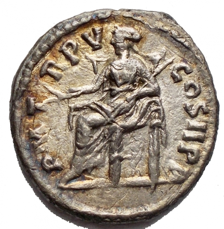 reverse: Impero Romano - Septimius Severus (AD 193-211). AR Denarius (18,1 x 19,06 mm. 2,97 g).  New style . Laodicea ad Mare mint. Struck AD 196-197. Obv: L SEPT SEV PERT AVG IMP VIII, laureate head right. Rev: P M TR P V COS II P P, pax seated left, holding olive branch and transverse scepter. Ref: RIC IV 490a; BMCRE 452-5; RSC 444.Beautiful portrait. Partly iridescent light patina