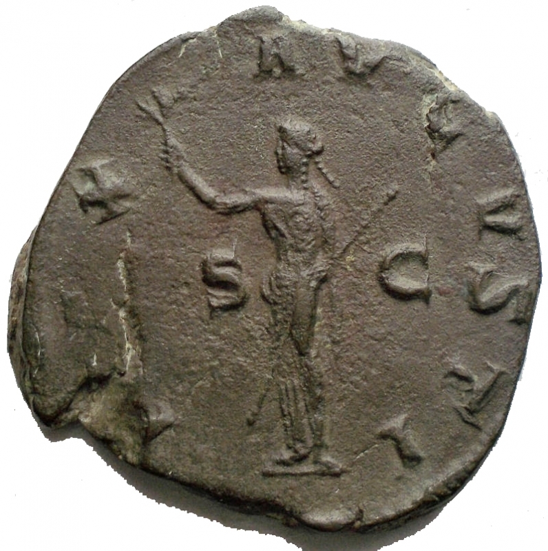 reverse: Impero Romano - Massimino I (235-238), Sesterzio Roma 236-238 d.C. AE (g 19,96, mm 29,55 x 28,16). d/ MAXIMINVS PIVS AVG GERM busto laureato drappeggiato e corazzato a d. r/ PAX AVGVSTI la Pax stante verso s. tiene lo scettro ed un ramoscello ai lati S - C. RIC 81; C 38. BB+. Patina verde marrone
