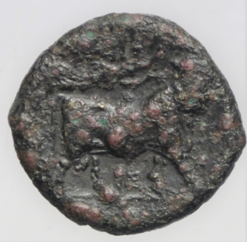 reverse: Mondo Greco. Campania. Neapolis. 325-241 a.C. Obolo. Ae. D/ Testa della Ninfa verso sinistra, dietro lettera N. R/ Toro androcefalo verso destra, sopra Nike con corona. Peso 5,57 gr. Diametro 20,02 mm. MB+. Patina.