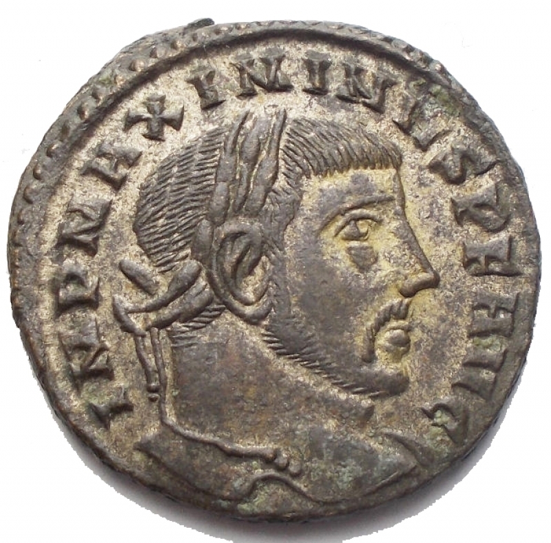 obverse: Impero Romano - Maximinus II Daia. Aquileia. 309-313 d.C. Follis. D / IMP MAXIMINVS PF AVG Head to the right. R / GENIO AVGVSTI Genius standing on the left with cornucopia and patera, at his feet tripod. In esergo AQS. RIC VI 130. Weight 4.27 gr. Diameter 21.54 mm. aEF. Argentatura. Rare.