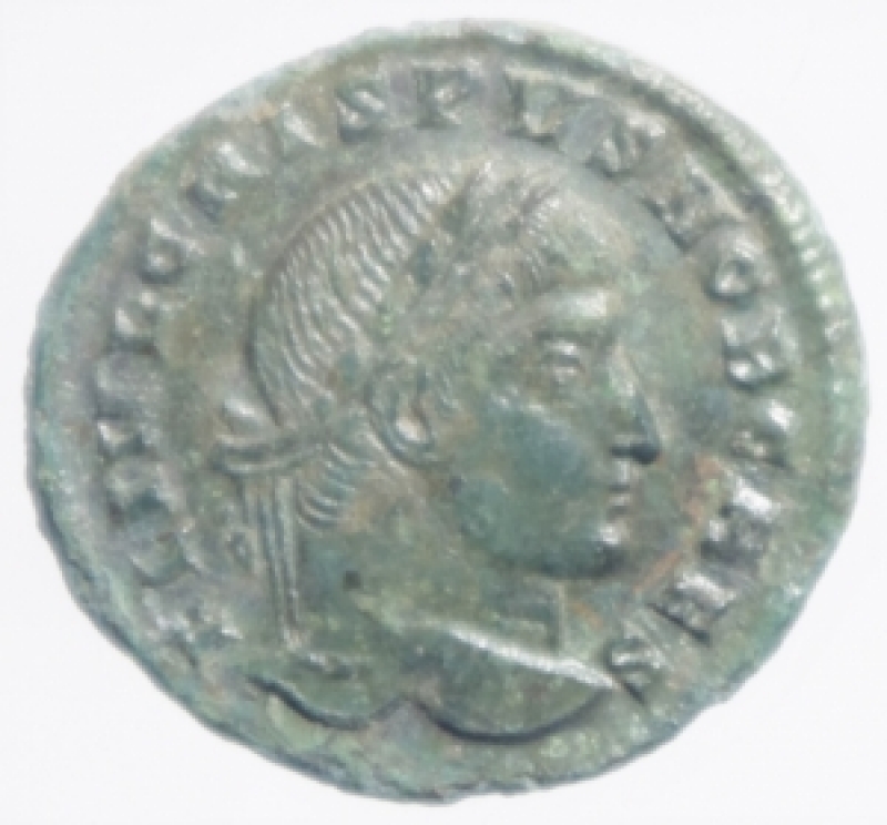 obverse: Impero Romano .Crispo. 317-326 d.C. . Follis.D\FL IVL CRISPVS NOB CAES testa a destra di Crispo R/ ALAMANNIA DEVICTA la Vittoria con ramo di palma e trofeo calpesta un prigioniero. RIC 49. Peso 2,95gr. Diametro mm 19. qSPL. R.