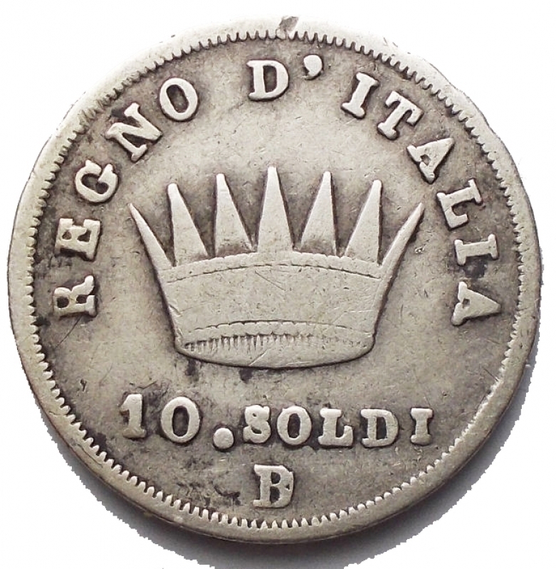 obverse: Zecche Italiane - Bologna. Napoleone I (1805-1814). 10 soldi 1813, B su M. Pag. 62. Mont. 105a. AG. g. 2.39. RRR. qBB.