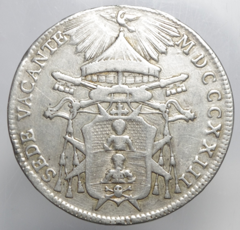 reverse: Zecche Italiane. Bologna. Sede Vacante (1823). 1/2 scudo 1823. Pag. 112. R. AG.Appicagnolo rimosso. Bel BB