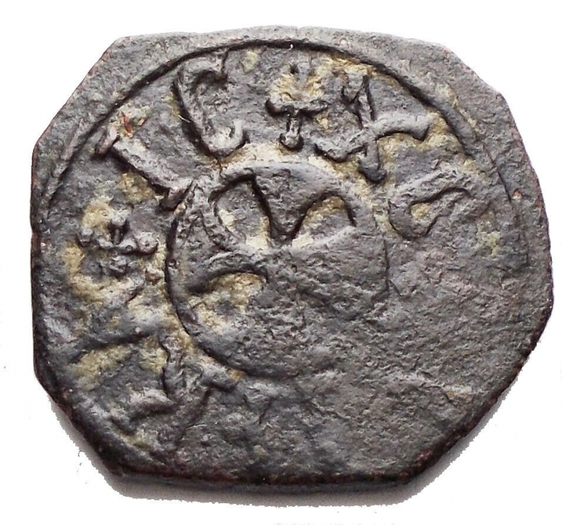 reverse: Zecche Italiane - Messina Ruggero II (1105-1154) 1/2 Follaro. D/ Re in piedi volto a sinistra. R/ Croce, IC/XC/NI/KA. Sp.78. g 1,48. AE.BB+

