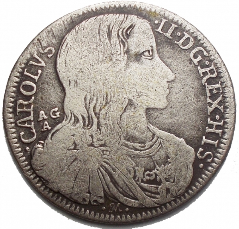 obverse: Zecche Italiane - Napoli.Carlo II (1674-1700).Tar 1689.P.R. 17. MIR 299/2.AG.g. 4.76MB+/qBB