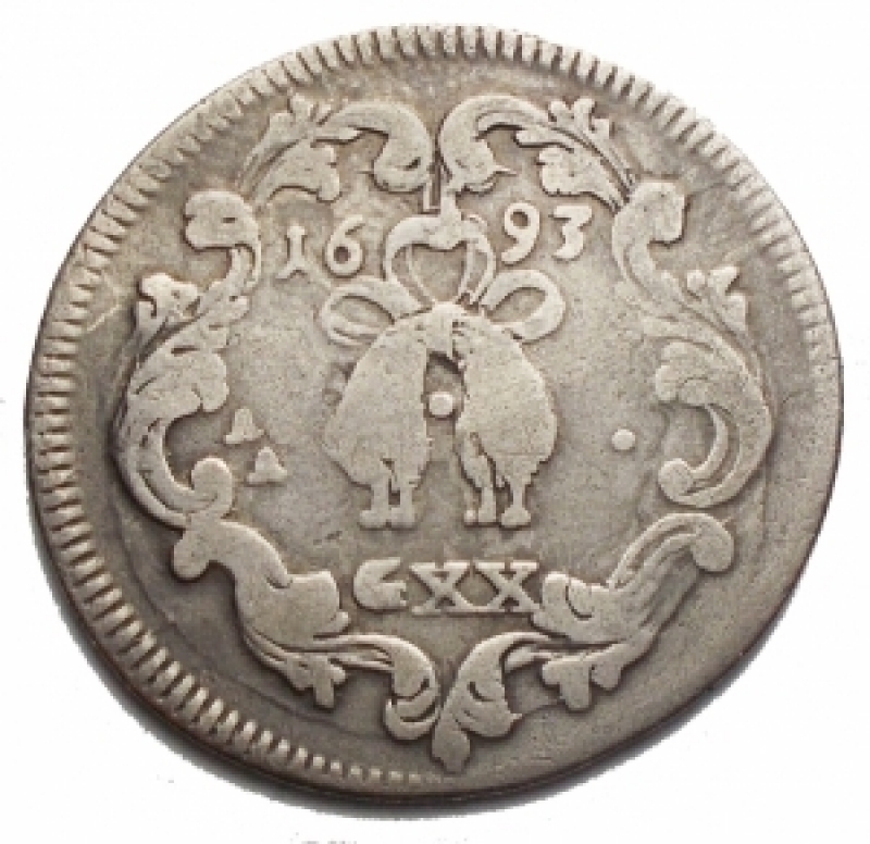 reverse: Zecche Italiane - Napoli.Carlo II, II periodo (1674-1700).Tar 1693.P.R. 20. MIR 300/2.AG.qBB