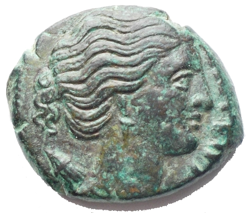obverse: Mondo Greco -Sicilia.Siracusa.Agatocle, IV periodo.AE 22,2 x 18,01 mm. 295-289 a.C.D/ TEIPA. Testa di Artemide a destra.R/ AAOKEO BAIEO. Fulmine alato.SNG ANS 708.gr. 8,33.R. BB++. Bella patina
