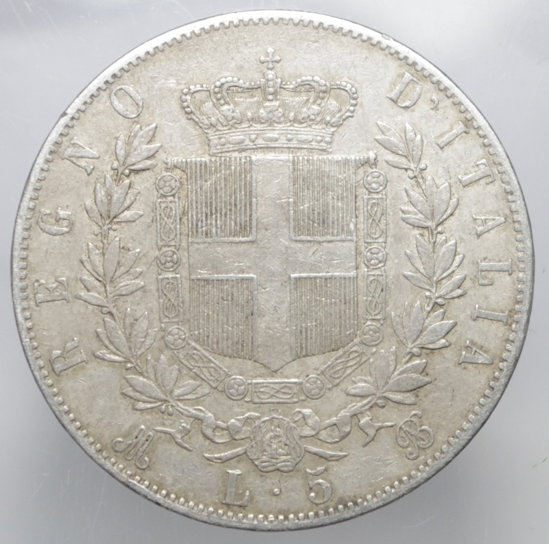 reverse: Casa Savoia. Vittorio Emanuele II. 5 Lire 1869. Milano. Pagani 489. Peso 25,00 g. Diametro 37 mm. BB+.