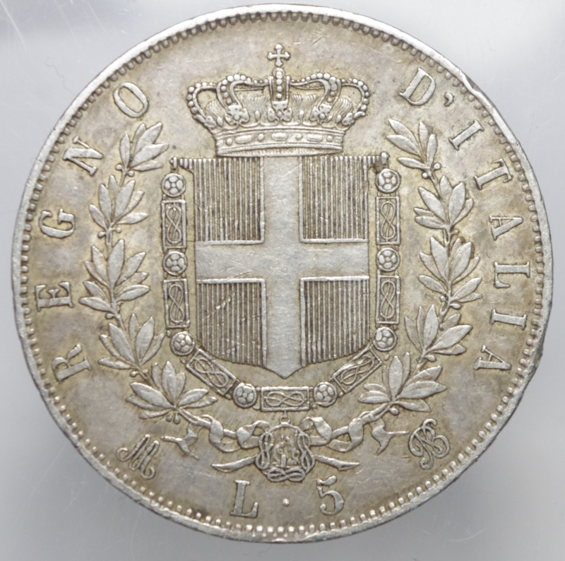 reverse: Casa Savoia. Vittorio Emanuele II. 5 Lire 1872 Milano. Pagani 494. Ag. qSPL.