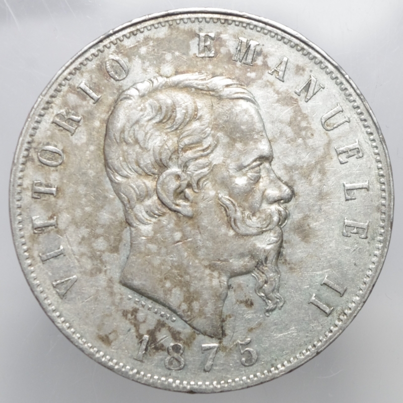 obverse: Casa Savoia. Vittorio Emanuele II. 1861-1878. 5 lire 1875 M. AG. Gig. 49. BB+