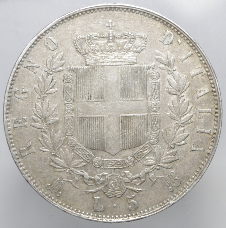 reverse: Casa Savoia. Vittorio Emanuele II. 1861-1878. 5 lire 1875 M. AG. Gig. 49. BB+