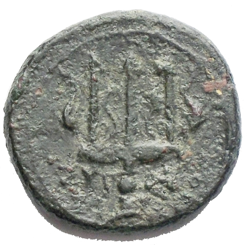 reverse: Mondo Greco - Sicilia.Siracusa. ca 214-212 a.C.AE Bronzo. D/ Testa diademata di Nettuno a sinistra, dietro simbolo R/ YP-AKO-I-N Tridente decorato da festoni; ai lati due delfini. Peso gr 2,45. Diametromm 15,17.BB. Ottima centratura e Modulo regolare
