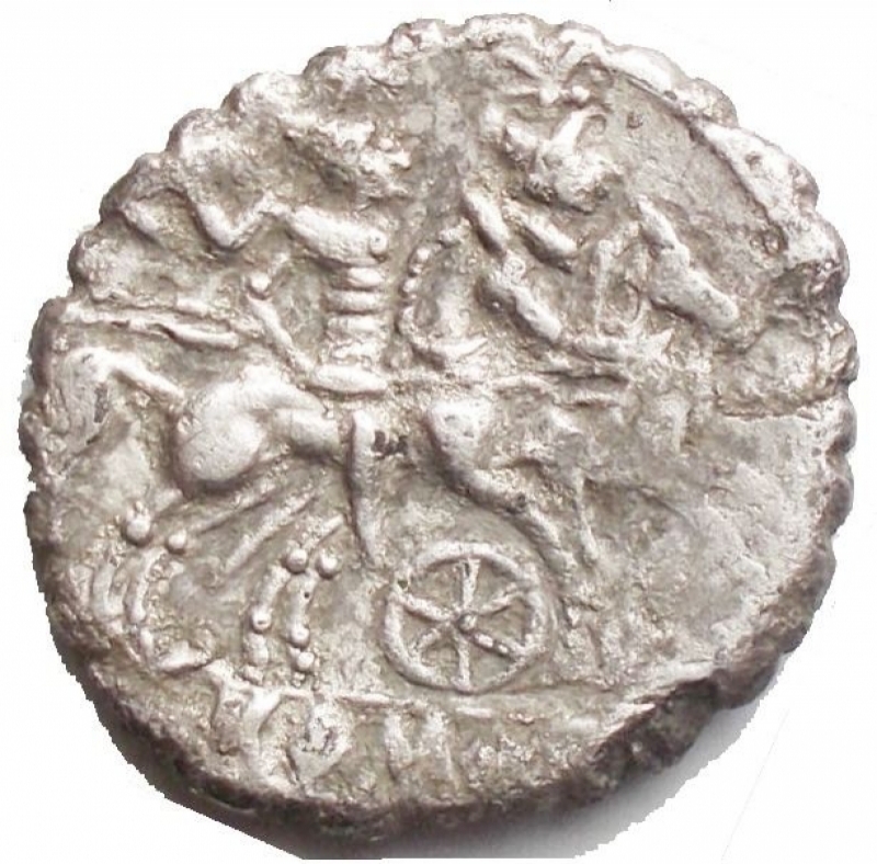 reverse: Varie - Anonymous. Wheel 209-208 BC. AR Serrate Denarius 2,82 g. 17,2 x 18 mm Helmeted head of Roma right; X behind / The Dioscuri riding right; six-spoked wheel below, ROMA in exergue. Crawford 79/1; Sydenham 519. aVF