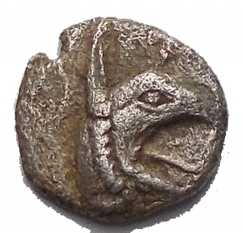 obverse: Mondo Greco - Ionia. Phokaiaca. 521-478 Ac. AR Tetartemorion (6,7 mm. 0,24g). d/ Testa di Grifone a ds. r/ Quadripartite incuso. SNG Copenhagen Supp. 339; SNG von Aulock 7938. BB