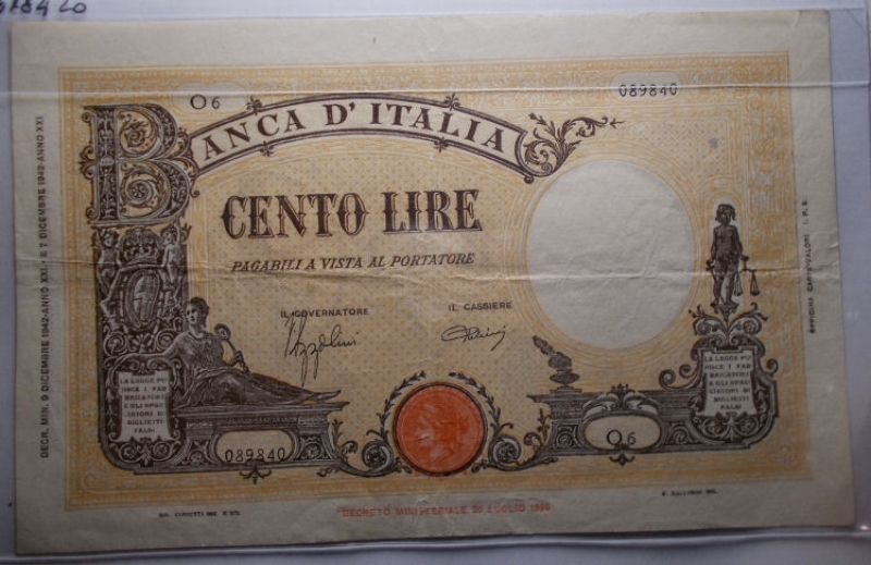 obverse: Cartamoneta - Vittorio Emanuele III 100 Lire grande   B   (B.I.) 09/12/1942