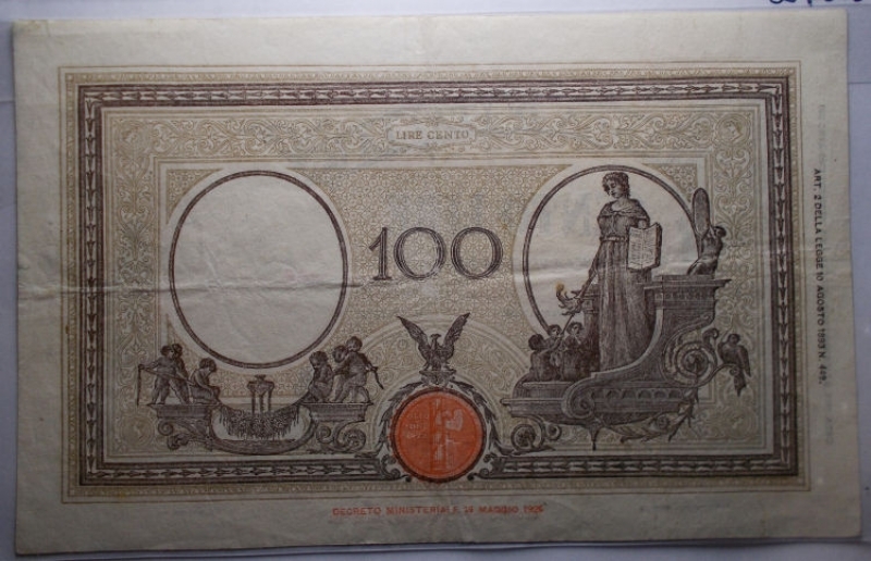 reverse: Cartamoneta - Vittorio Emanuele III 100 Lire grande   B   (B.I.) 09/12/1942